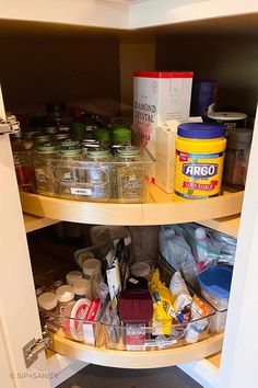 the pantry shelves are full of food and condiments to keep them organized in