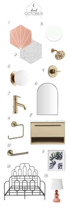 an assortment of bathroom accessories including sink, mirror and lamp