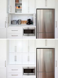 two pictures of the same kitchen with white cabinets and stainless steel appliances in each cabinet