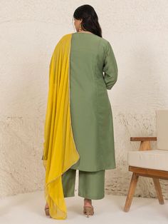 This is beautiful 3-piece set. The set comes with chinnon embroidered kurta has v neck, 3/4th sleeves and calf length teamed with solid flared palazzo pants and a chiffon dupatta with lace border. 3-piece set Color-Olive Green & Yellow Work - Yoke Embroidery Detailing Kurta Fabric-Chinnon Bottom Fabric - Chinnon Dupatta Fabric - Chiffon Kurta Length - 47 inch Sleeves- 3/4th Sleeveless Neck-V Neck Bottom Length - 37 inch Dupatta Length - 2.25 meter Care-Dry Clean or Hand wash Chiffon Kurta, Yoke Embroidery, Flared Palazzo, Embroidered Suit, Formal Jewelry, Embroidery Detailing, Chiffon Dupatta, Lace Border, Churidar