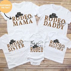 three baby onesuits with cowboy hats and the words rodeo mama, my first rodeo brother