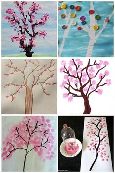 several pictures of different types of trees with buttons on the leaves and flowers in them