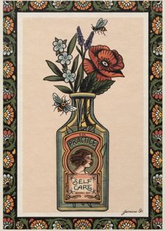 an old fashioned bottle with flowers in it on a floral border, framed by a decorative frame