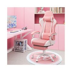 a pink and white office chair sitting on top of a rug