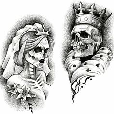 two skulls with crowns on their heads and one skull in the other's hand