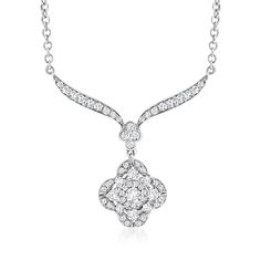 Ross-Simons - .65 ct. t. w. Diamond Floral Necklace in 14kt White Gold. 18". Imbued with elegant floral inspiration, this lovely necklace illuminates your look with .65 ct. t. w. round brilliant-cut diamonds in polished 14kt white gold. Cable chain. Springring clasp, diamond floral necklace. Diamond birthstones are the perfect gift for April birthdays. Classic Wedding Necklace With Pave Setting, Wedding Necklaces With Pave Setting In Fine Jewelry Style, Wedding Necklace With Pave Setting, Fine Jewelry Necklace With Pave Setting For Wedding, Formal Fine Jewelry Necklace With Pave Setting, Wedding Necklaces With Pave Setting, Exquisite Anniversary Necklace With Pave Setting, Exquisite Necklace With Pave Setting For Anniversary, April Birthday