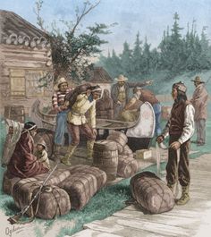 an old painting of men loading barrels from a wagon to another one in front of a log cabin