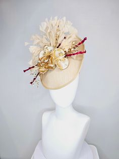 From the 2024 Featured Milliner of the Kentucky Derby Museum  Gorgeous Kentucky Derby hat fascinator  kentucky derby hat fascinator gold taupe beige shantung silk saucer with curls and gold orchids and light tan feathers with burgundy stems  headband attachment each hat is totally one of a kind! no two are alike! I can probably add feathers, flowers etc to existing hats for a small fee. I cannot remove anything from existing hats. Just message me and see if we can make it work! :) I cannot make custom order from scratch. My schedule is unfortunately too crazy :( *All hats are sold as displayed. No returns do to nature of product (headwear) Of course do not hesitate to contact me with any issues :) Check out my The Hat Doctor amazing news story feature!! https://www.wdrb.com/derby_148/kentu Luxury Beige Fascinator For Kentucky Derby, Beige Adjustable Fascinator For Kentucky Derby, Beige Flat Brim Fascinator For Kentucky Derby, Cream High Crown Fascinator For Kentucky Derby, Elegant Beige Fascinator With Feathers, Mobile Mardi Gras, Shantung Silk, Gold Orchid, Derby Hats Fascinators