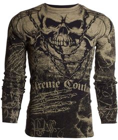 BRAND: AFFLICTION COLOR: BLACK/TAN STYLE: KILLER This t-shirt features: * Crew neckline * Long sleeve * Pullover construction * Black/Tan Thermal t-shirt with Front and Back Graphics * 100% Cotton * Machine wash cold/tumble dry low Affliction Clothing, Badass Outfit, Xtreme Couture, Affliction Men, Mens Thermals, Men's Long Sleeve T-shirt, Thermal Shirt, Denim Jeans Men