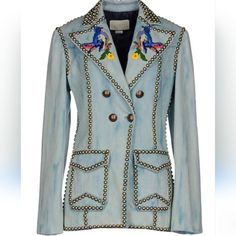 New Gucci Blue Acid Washed Bird Embroidered Gold Studded Denim Blazer Small Brand: Gucci Designer: Alessandro Michele Material: Denim Color: Blue Pattern: Solid Closure: Button Extra Detail: Acid Washed Blue Denim. Bird Embroidery At Collar. Gold-Tone Dome Stud Embellishment. Double Breasted. Blue Gucci Outerwear For Spring, Gucci Blue Outerwear For Spring, Gucci Blue Spring Outerwear, Designer Fitted Denim Jacket, Blue Gucci Outerwear For Work, Blue Designer Gucci Outerwear, Designer Blue Gucci Outerwear, Designer Denim Jacket For Fall, Designer Blue Denim Outerwear