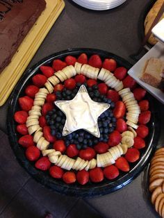 a plate with strawberries, blueberries, and bananas in the shape of a star