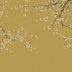 the branches of a tree with white flowers against a gold background that is in full bloom