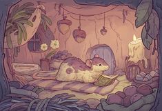 a drawing of a mouse laying on a bed in a room with plants and candles