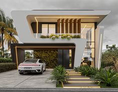 a car is parked in front of a modern house with steps leading up to it