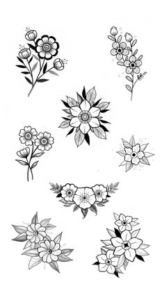 some flowers are drawn in black and white