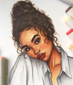 a drawing of a woman with freckles on her face and hair is shown