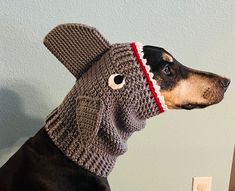 a dog wearing a knitted hat with eyeballs