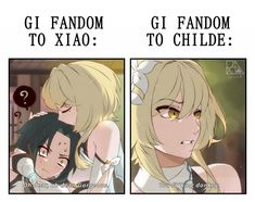 an anime comic strip with two pictures of the same character and text that reads gi fandom to xiao