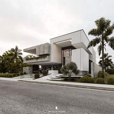 an architectural rendering of a modern house with palm trees in the front yard and driveway