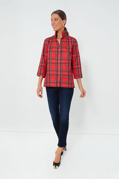 Effortlessly chic, the Royal Stewart Tartan Margot Top takes everything we love about an easy blouse and elevates it with a crisp stand collar and a darling print to create an instant classic in your closet. Sophisticated as ever, this chic number pairs well with denim for a more casual look and leather leggings for a sleek feel — making it the perfect desk-to-drinks style staple. Stand collar V-neckline Three-quarter length sleeves Slits at cuffs Pullover styling Crisp fabric Material: 100% Pol Royal Stewart Tartan, Stewart Tartan, Perfect Desk, Sleek Fashion, Leather Leggings, Three Quarter, Stand Collar, Pullover Styling, Fabric Material