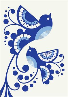 a blue bird with swirls and dots on it