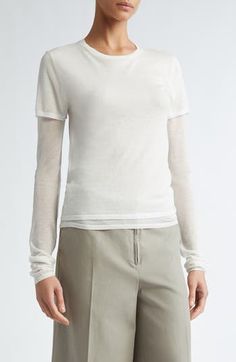 A prelayered pair of T-shirts made from a semisheer knit enriched with cashmere comfortably slots into your wardrobe as an all-season casual staple. 23" length (size Medium) Crewneck Long sleeves 88% lyocell, 10% cashmere, 2% polyamide Dry clean or hand wash, dry flat Imported Designer Clothing Casual Cashmere Crew Neck T-shirt, Casual Fitted Top With Sheer Sleeves, Elegant Fine Knit Tops For Layering, Fitted Cashmere Top For Layering, Versatile Fitted Fine Knit Top, Fitted Knit Top For Layering, Casual Fine Knit Cashmere T-shirt, Versatile Fine Knit Fitted Top, Stretch Crew Neck Mesh Top For Layering