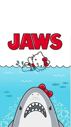 an image of a cartoon shark with hello kitty on it's back in the water