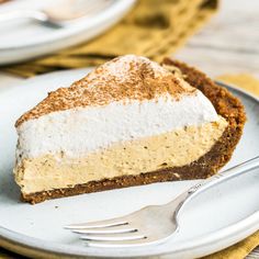 a piece of pie on a plate with a fork