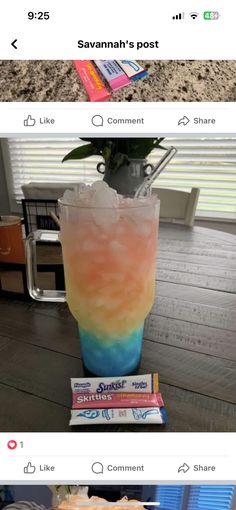 two pictures with different colored drinks in them and the same one has ice cream on it