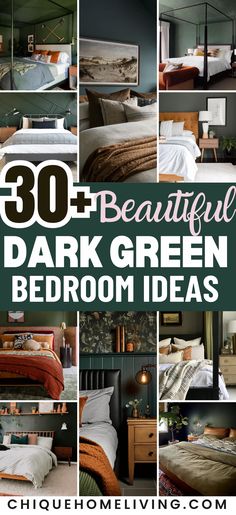 the top ten beautiful dark green bedroom decor ideas for your home or office, with text overlay reading 30 beautiful dark green bedroom ideas