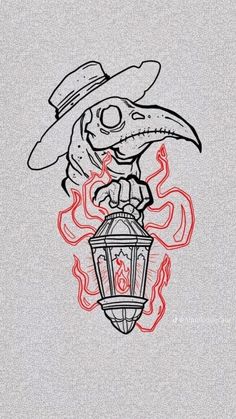 a drawing of a bird wearing a hat and holding a lantern