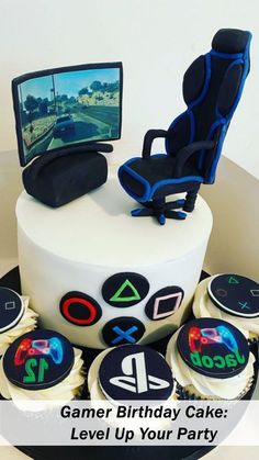 a birthday cake with cupcakes in the shape of an office chair and video game controllers