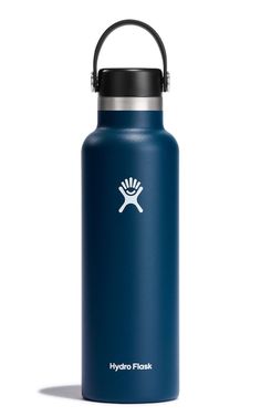 the hydro flask water bottle is shown in blue