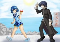 two anime characters are walking in front of a rock wall with the sun behind them