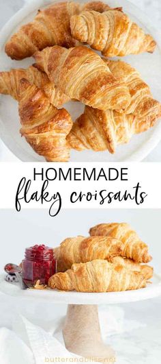 homemade flaky croissants on a white plate