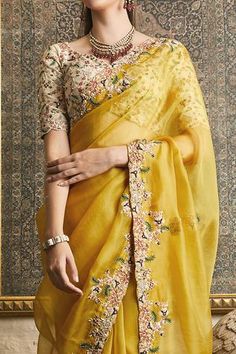 Shop for Prisho Yellow Silk Floral Embroidered Saree With Blouse for Women Online at Aza Fashions Yellow Embroidery Saree, Holud Outfit, Reception Saree Look, Sparkly Makeup, Sarees For Girls, Simple Saree Designs, Indian Bridal Sarees, Cotton Saree Designs, Adventure Seeker