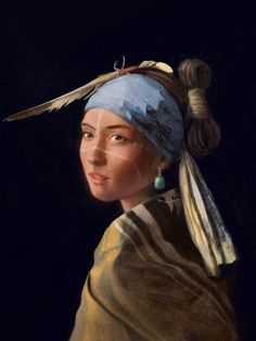 a painting of a girl with a pearl earring wearing a blue headdress