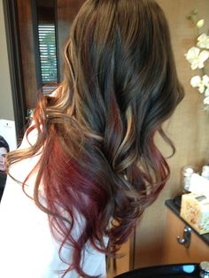 Dark Brown Hair With Red Peekaboos, Black And Red Hair Peekaboo Highlights Underneath, Deep Red Peekaboo Hair, Natural Red Hair With Peekaboo Color, Red Underneath Hair, Brown Hair With Vivid Peekaboo, Red Hair Underneath, Blond Highlights On Brown Hair, Calico Hair