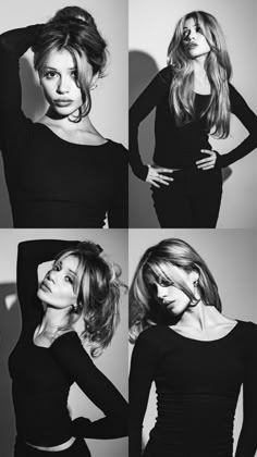 four different pictures of a woman in black and white, with her hands on her hips