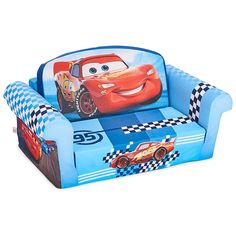 the children's chair has cars on it and is blue with checkered sides