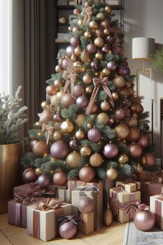 a decorated christmas tree with presents under it