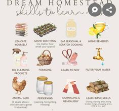 a poster with the words dream homestap skills to learn