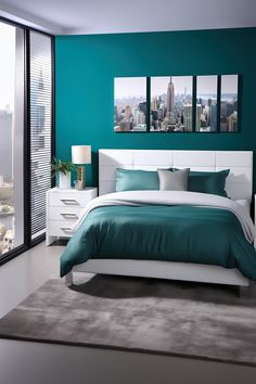 A modern bedroom with teal walls and a white ceiling. The room features a bed with a panoramic headboard showcasing a teal cityscape, teal and white linens, a white lacquer nightstand, and a teal globe lamp. A teal and white striped rug and a set of teal travel posters complete the panoramic look. Teal Bedroom Ideas For Women, Oasis Bedroom, Grey Wallpaper Bedroom, Beautiful Bed Designs, Wallpaper Walls Bedroom