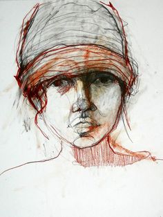 a drawing of a woman's face with red and black lines on the forehead