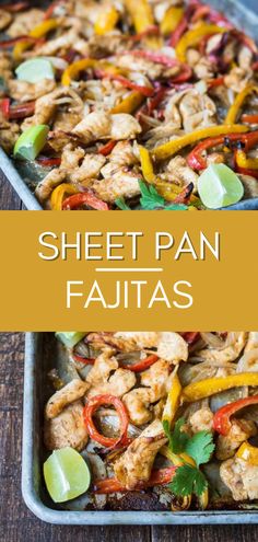 sheet pan fajitas with chicken, peppers and cilantro on the side