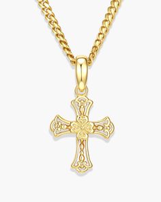 Our Vintage Cross Pendant features ornate details, drawing from the intricate patterns and craftsmanship of classic revival design and artistry. Perfect for dressing up or keeping it casual, this cross pendant combines classic style with modern versatility. Details Drawing, Revival Design, Gold Cuban Link Chain, Cross Gold, Gold Rope Chains, Gold Cross Pendant, Solid Gold Chains, Silver Shop, Cuban Link Chain