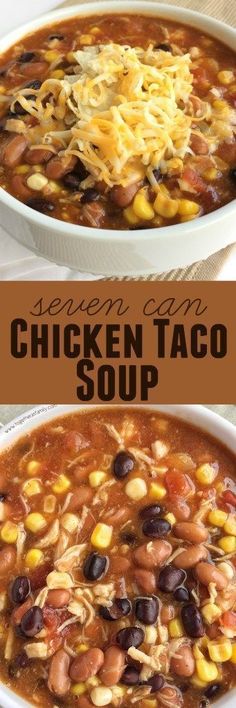 chicken taco soup in a white bowl on a wooden table with text overlay