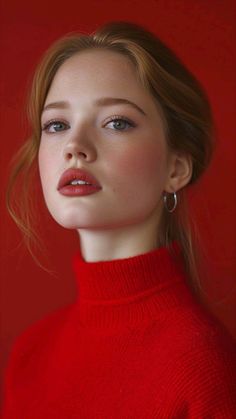 a woman in a red sweater and earrings