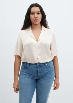 Short-sleeved satin shirt - Women | Mango USA Chic Tops With Lapel Collar And Placket, Chic V-neck Blouse With Placket, Chic Collared Top For Semi-formal Occasions, Elegant Spring Top With Johnny Collar, Elegant Summer Tops With Johnny Collar, Elegant Johnny Collar Tops For Spring, Elegant Formal Shirt With Johnny Collar, Chic Semi-formal Shirt With Collared Neckline, Chic Semi-formal Collared Shirt