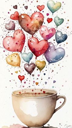 a cup filled with lots of hearts floating out of it